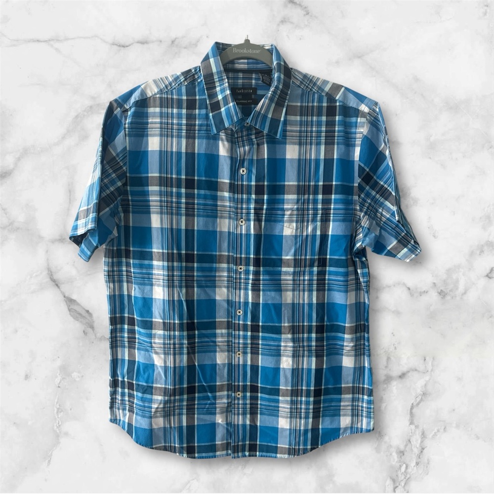 Van Heusen Blue Plaid Men's Button Down Shirt EUC - Size L